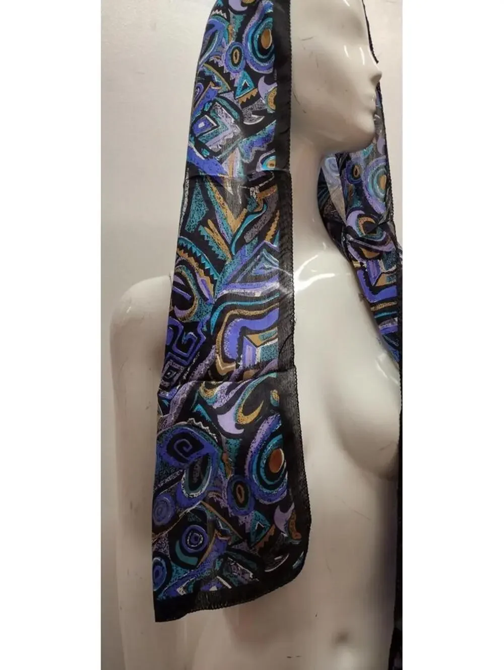 Picasso Inspired Art Tribal Scarf PURE SILK INDIA VINTAGE 80s Purple Black Swirl